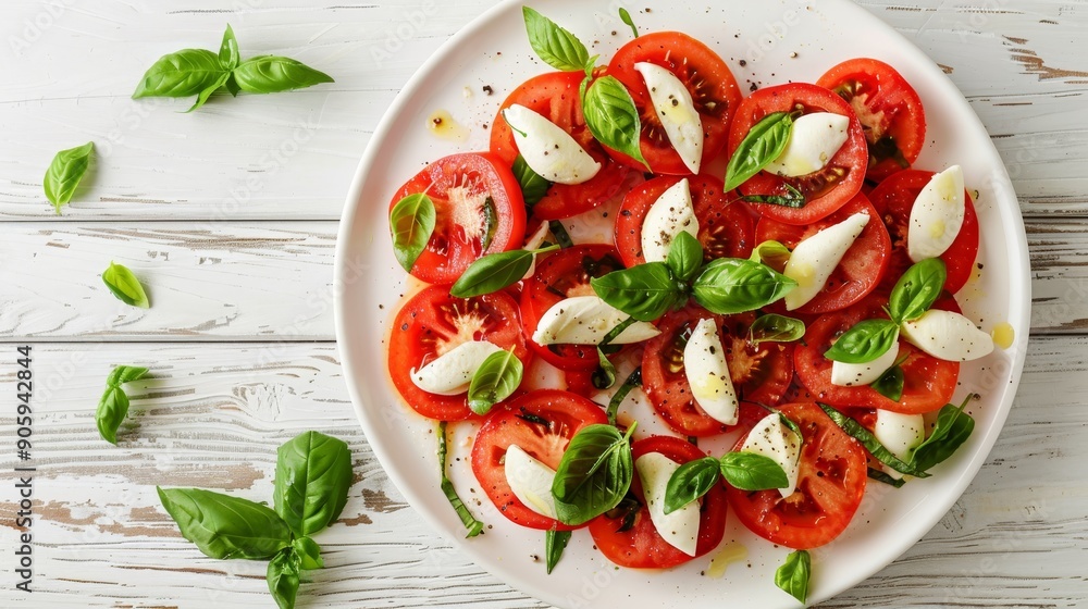 A refreshing Caprese salad with ripe tomato slices, creamy mozzarella balls, and fragrant basil leaves. The salad is presented on a white plate and garnished with fresh pepper. A refreshing Caprese salad with ripe tomato slices, creamy mozzarella balls, and fragrant basil leaves. The salad is presented on a white plate and garnished with fresh pepper.