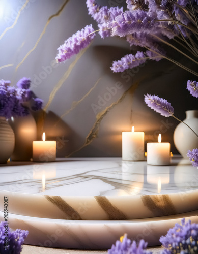 Spa Candles with Flowers on a Marble Platform