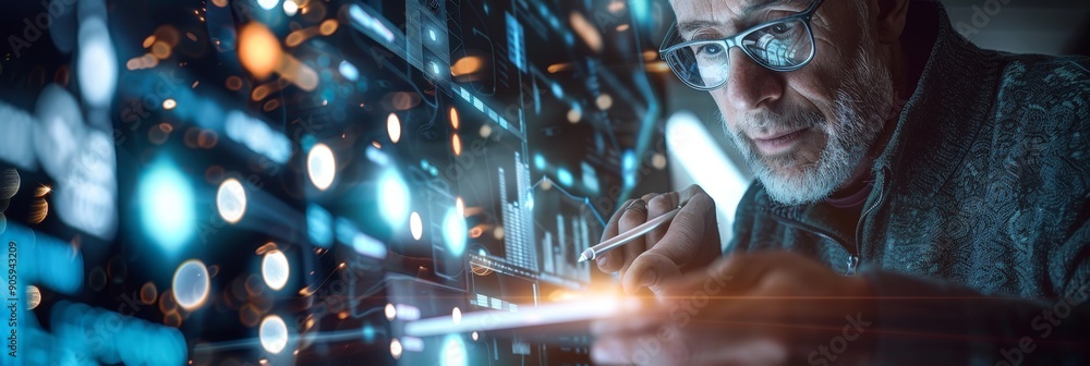 Fototapeta premium A senior developer is intently analyzing data on a digital interface, symbolizing innovation, technological advancement, data analysis, problem-solving, and future technology.