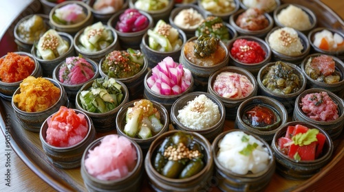 Assorted Japanese Pickles and Dishes in Small Clay Bowls