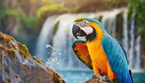 Blue-and-Yellow Macaw (Ara ararauna), also known as the Blue-and-Gold Macaw against tropical waterfall background photo