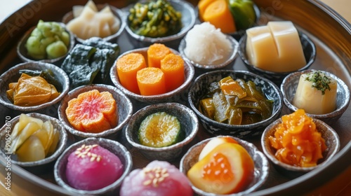 Assorted Japanese Pickles and Side Dishes in a Round Serving Dish photo