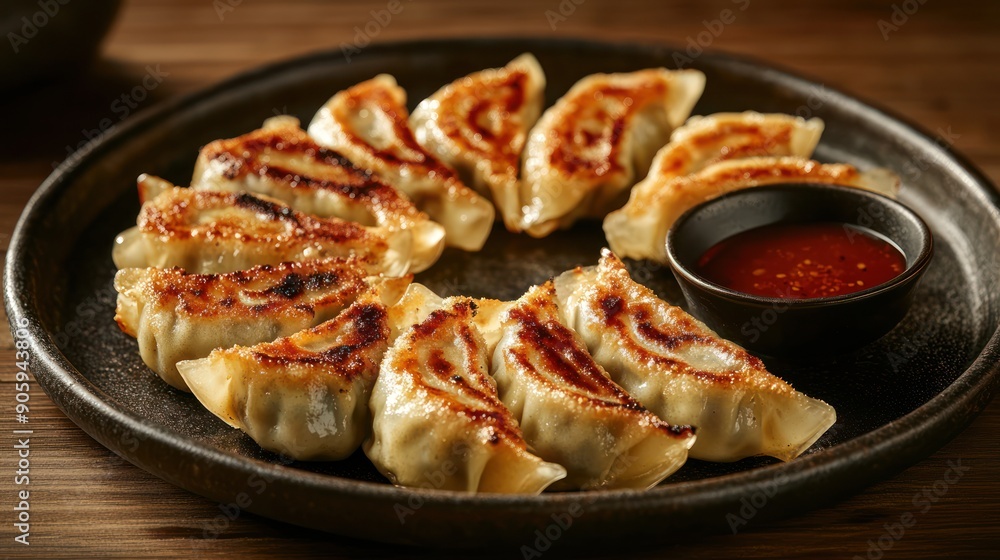 Fried Dumplings with Spicy Dipping Sauce on a Black Plate Fried Dumplings with Spicy Dipping Sauce on a Black Plate