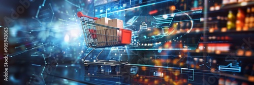 A shopping cart with packages inside, a digital overlay with abstract shapes, and a blurred background representing the online shopping experience. This image symbolizes technology, convenience, globa photo