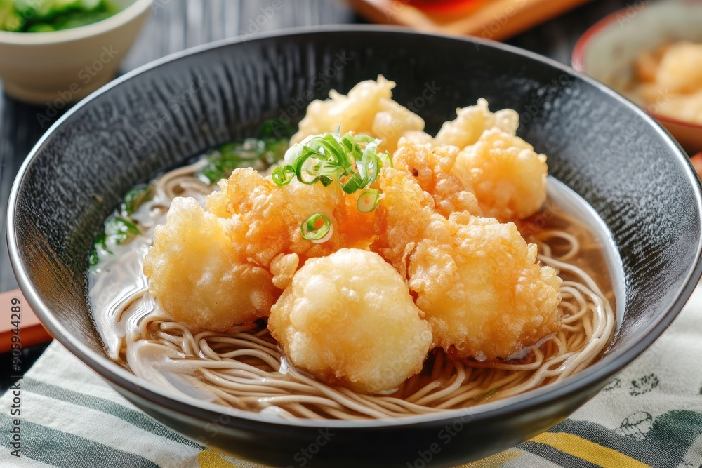 Bowl of Japanese Soba Noodles with Tempura and Green Onion Garnish Bowl of Japanese Soba Noodles with Tempura and Green Onion Garnish
