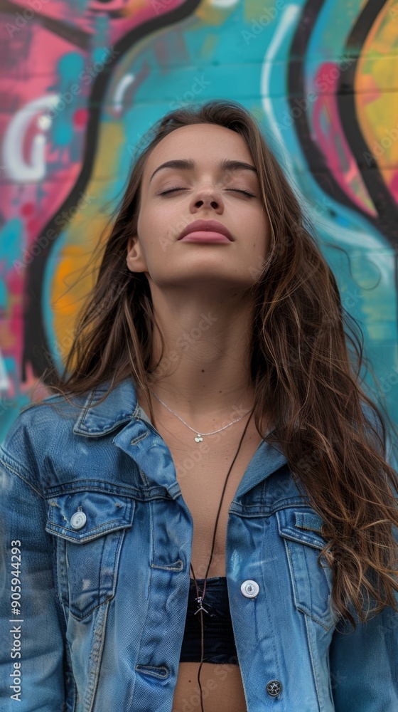 Naklejka premium Confident Young Woman in a Denim Jacket Contemplatively Standing Against a Wall of Colorful Graffiti, Eyes Closed, Reflecting on Life's Journey.