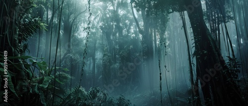 A misty, dense jungle with towering trees and hanging vines, shrouded in fog and illuminated by soft natural light.