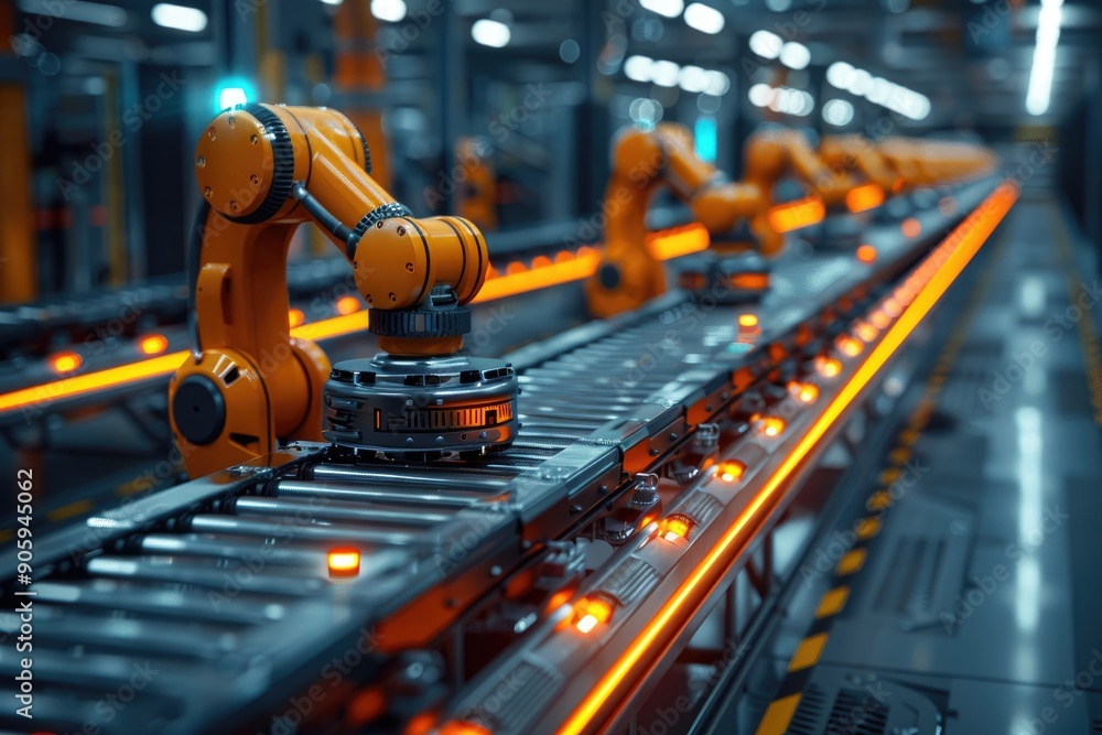 Fototapeta premium Automated robotic arms on a conveyor belt in a modern factory, showcasing advanced manufacturing and technology.