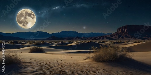 Beautiful desert at night with stars and a stunning sky showing the full moon