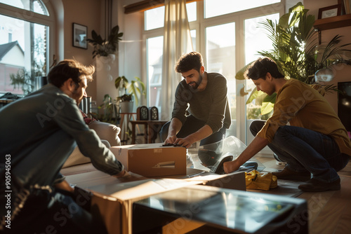 Friends joyful moment unpacking boxes at new home. Friendship help Moving, people and real estate concept photo