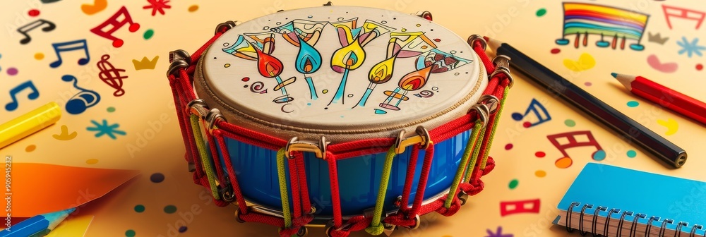 A small, colorful toy drum with a cheerful design sits on a table surrounded by musical notes, crayons, and other playful objects, symbolizing creativity, music, and childhood joy.