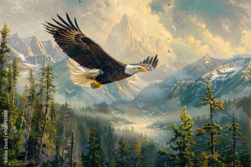 American bald eagle flying over beautiful autumn forest landscape. Wild bird with spread wings in flight photo