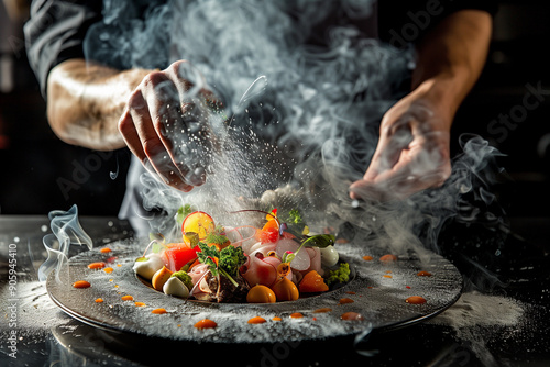 Chef preparing luxury delicious food on plate in restaurant kitchen. Food stylist meticulously decorating. Tasty fresh delicious mouthwatering gourmet for dinner.