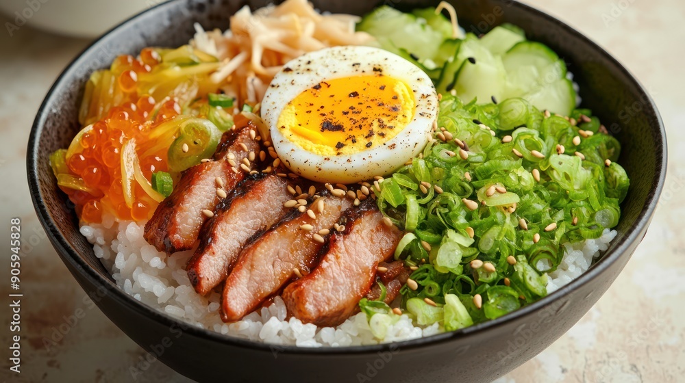 Close-up of a Bowl of Japanese Rice with Pork, Egg, and Vegetables