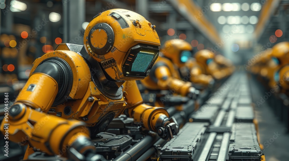 Robotic assembly line with yellow robots working meticulously in a futuristic factory setting, emphasizing automation and technological advancement. Robotic assembly line with yellow robots working meticulously in a futuristic factory setting, emphasizing automation and technological advancement.