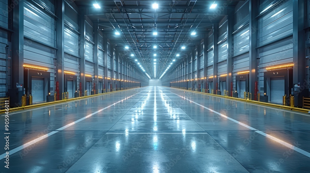 Vast empty warehouse with polished concrete floor, well-lit by industrial lights, showcasing a modern and organized storage facility. Vast empty warehouse with polished concrete floor, well-lit by industrial lights, showcasing a modern and organized storage facility.