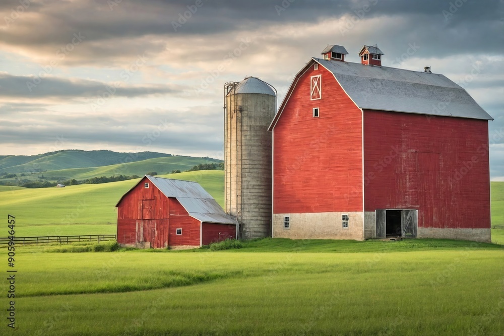 Silo and Barn in a Pastoral Landscape: A classic silo beside an old barn in a lush green pasture. Silo and Barn in a Pastoral Landscape: A classic silo beside an old barn in a lush green pasture.