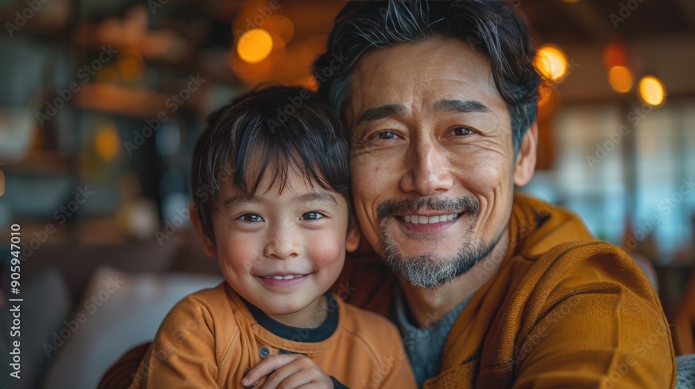 Cheerful father and son bonding and smiling at the camera in a cozy, warmly lit home environment, capturing a loving and joyful moment. Cheerful father and son bonding and smiling at the camera in a cozy, warmly lit home environment, capturing a loving and joyful moment.