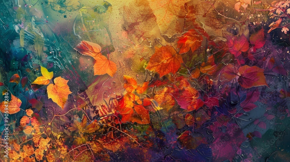 Fototapeta premium A vibrant abstract painting of autumn leaves in various shades of red, orange, yellow, and green. The leaves are arranged in a chaotic pattern, suggesting a sense of movement and change. The backgrou