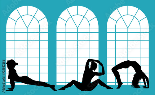 vector silueta femenina, yoga, ballet, estiramientos, deporte, flexibilidad, postura yoga, ventanal, contra luz