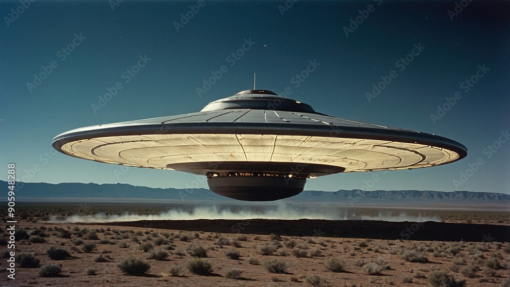 Mysterious Flying Saucer Hovering Over Desert Landscape During Bright Sunset Mysterious Flying Saucer Hovering Over Desert Landscape During Bright Sunset