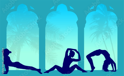 vector silueta femenina, yoga, ballet, estiramientos, deporte, flexibilidad, postura yoga, ventanal, contra luz