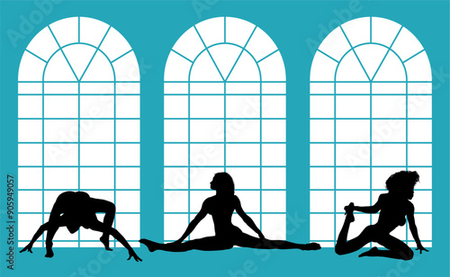 vector silueta femenina, yoga, ballet, estiramientos, deporte, flexibilidad, postura yoga, ventanal, contra luz