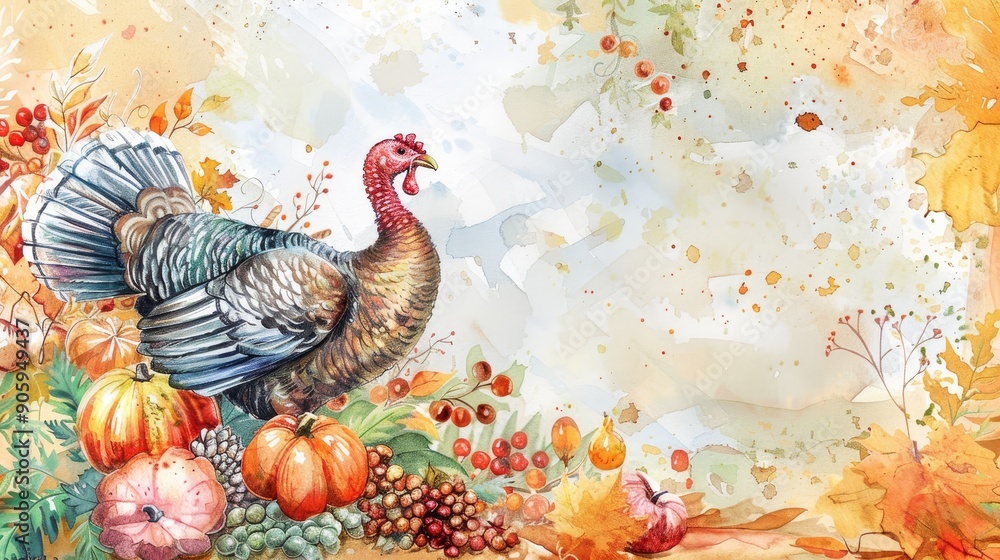 A watercolor painting of a Thanksgiving turkey surrounded by fall foliage, including pumpkins, leaves, and berries. It symbolizes gratitude, harvest, and the beauty of autumn. A watercolor painting of a Thanksgiving turkey surrounded by fall foliage, including pumpkins, leaves, and berries. It symbolizes gratitude, harvest, and the beauty of autumn.