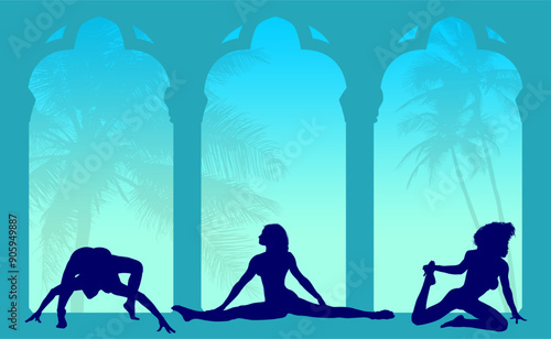vector silueta femenina, yoga, ballet, estiramientos, deporte, flexibilidad, postura yoga, ventanal, contra luz