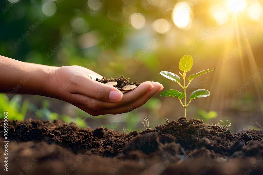 Fototapeta premium Hand Planting a Seedling with Coins