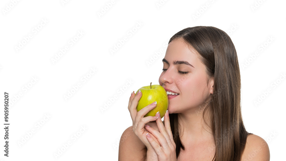 Apple detox. Healthy lifestyle diet. Caucasian woman biting fresh apple isolated on white. Healthy food vitamin. Natural organic products. Skincare and diet. Young woman dieting. Banner Apple detox. Healthy lifestyle diet. Caucasian woman biting fresh apple isolated on white. Healthy food vitamin. Natural organic products. Skincare and diet. Young woman dieting. Banner
