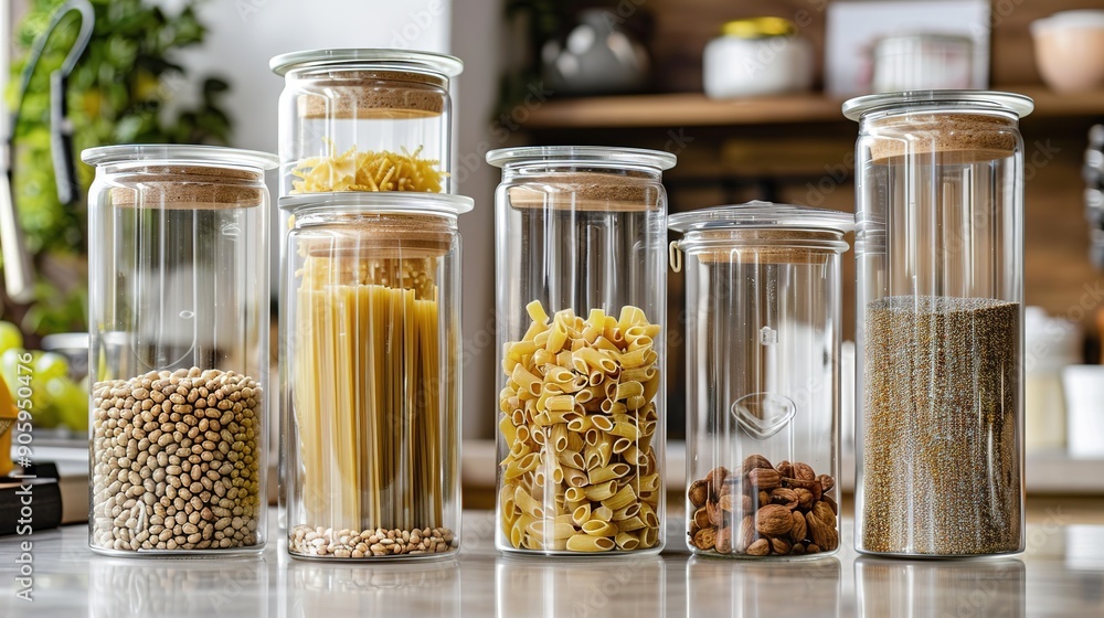 Set of Elongated Glass Jars with Lids for Storing Pasta, Cereals, and Nuts in a Kitchen Set of Elongated Glass Jars with Lids for Storing Pasta, Cereals, and Nuts in a Kitchen