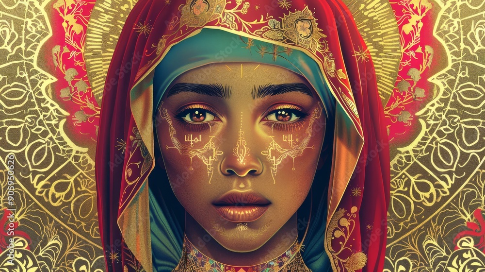 A woman with dark skin and intricate makeup gazes directly at the viewer, adorned in a vibrant red headscarf with gold accents. The background features a golden mandala pattern, suggesting spiritualit A woman with dark skin and intricate makeup gazes directly at the viewer, adorned in a vibrant red headscarf with gold accents. The background features a golden mandala pattern, suggesting spiritualit