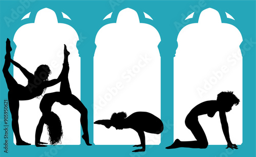 vector silueta femenina, yoga, ballet, estiramientos, deporte, flexibilidad, postura yoga, ventanal, contra luz