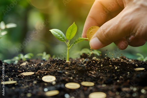 Investment in Growth, A Hand Placing a Gold Coin Near a Young Sprout