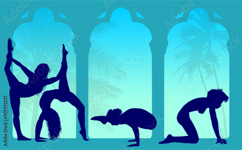 vector silueta femenina, yoga, ballet, estiramientos, deporte, flexibilidad, postura yoga, ventanal, contra luz