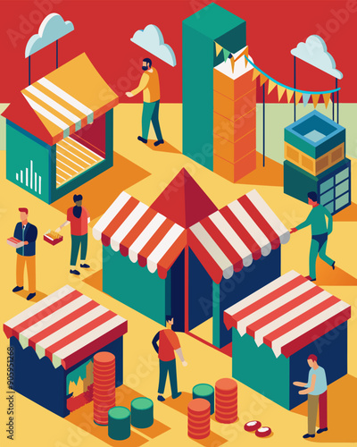 A visualization of a market with some stalls closed down and others struggling to attract customers representing the economic effects of a local crisis on a global demand and. Vector illustration