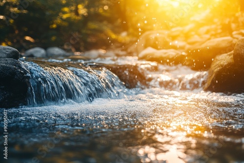 Wallpaper Mural Tranquil and peaceful nature background of beautiful river stream flowing through natural cascades and wet stones with sunlight shining gently , ai Torontodigital.ca