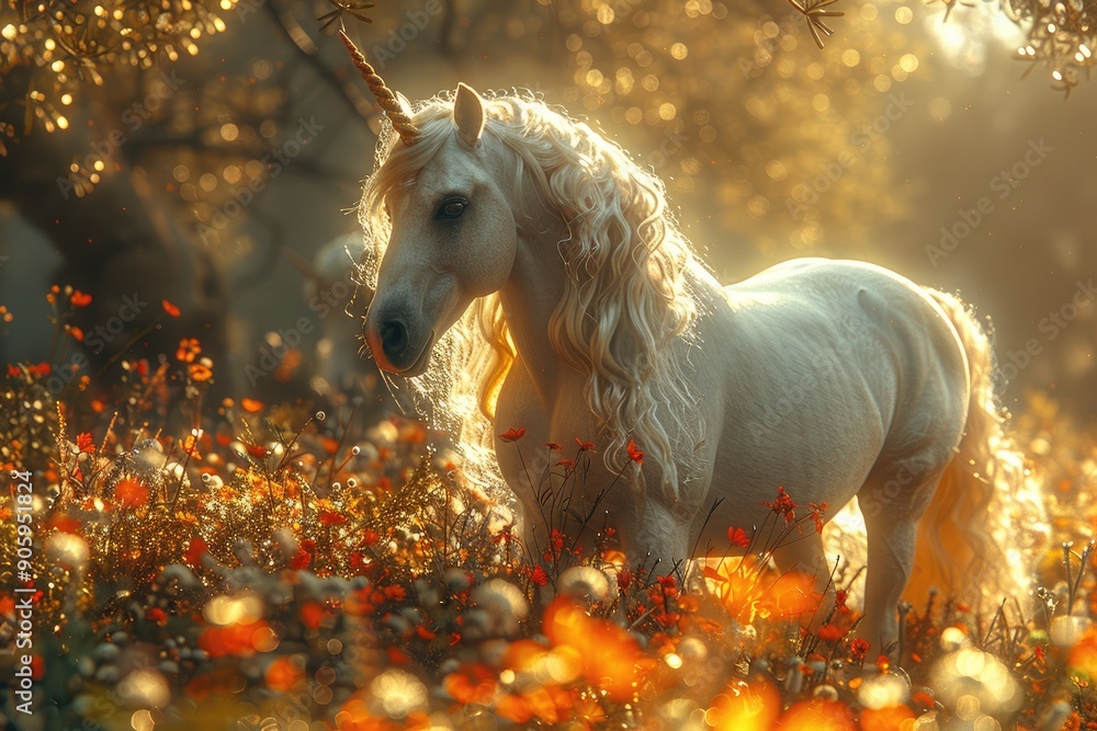 Enchanting unicorn standing amidst a magical forest with sunlight filtering through the trees and vibrant flowers in bloom. Enchanting unicorn standing amidst a magical forest with sunlight filtering through the trees and vibrant flowers in bloom.