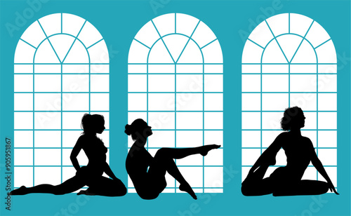 vector silueta femenina, yoga, ballet, estiramientos, deporte, flexibilidad, postura yoga, ventanal, contra luz