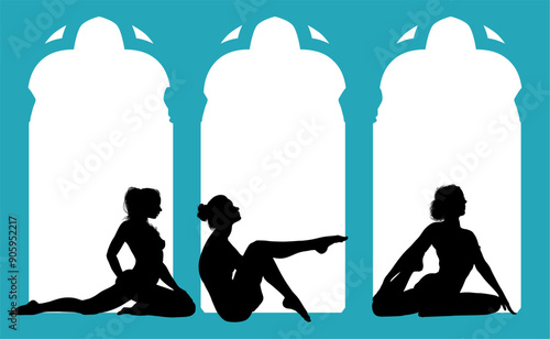 vector silueta femenina, yoga, ballet, estiramientos, deporte, flexibilidad, postura yoga, ventanal, contra luz