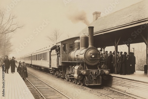 A Steam Locomotive at a Train Station with Passengers Awaiting Departure