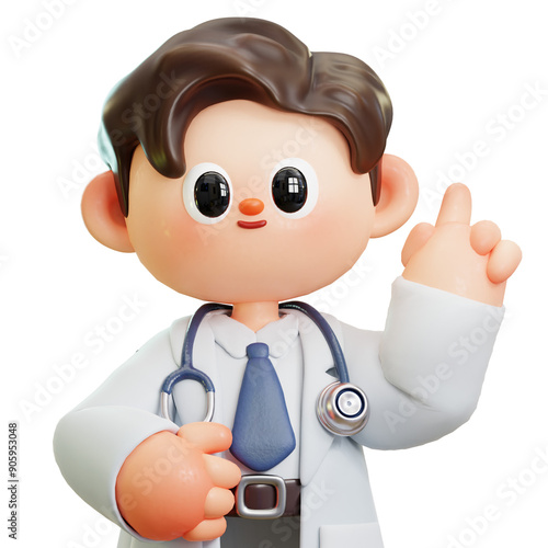 Doctor Shows Index Finger Up, 3D cute cartoon character. Smiling male doctor with stethoscope. Concept of science, medical, health, healthcare, insurance, National Doctors' Day.