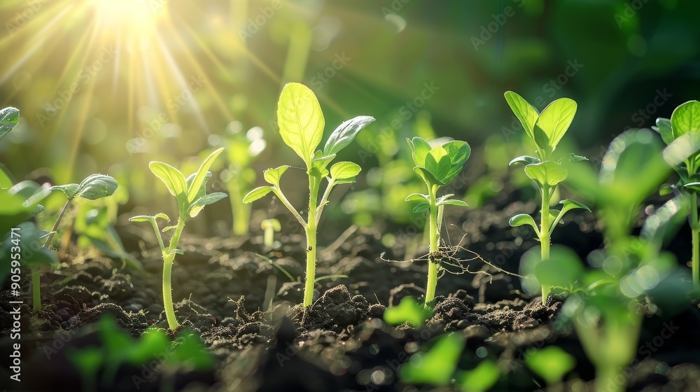 Close-up of vibrant green seedlings emerging from rich soil, bathed in warm sunlight. This image symbolizes growth, new beginnings, hope, and the power of nature. Close-up of vibrant green seedlings emerging from rich soil, bathed in warm sunlight. This image symbolizes growth, new beginnings, hope, and the power of nature.