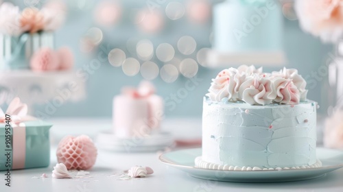 Pastel blue and pink mini cake with flower decoration, perfect for a baby shower or birthday party. © narak0rn