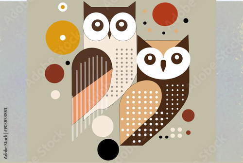 抽象的なフクロウのデザイン
この抽象的なフクロウのアートワークは、幾何学的な形と暖かい色調が特徴です。落ち着いた色づかいとバランスの取れた構図が、視覚的に心地よい印象を与えます。
