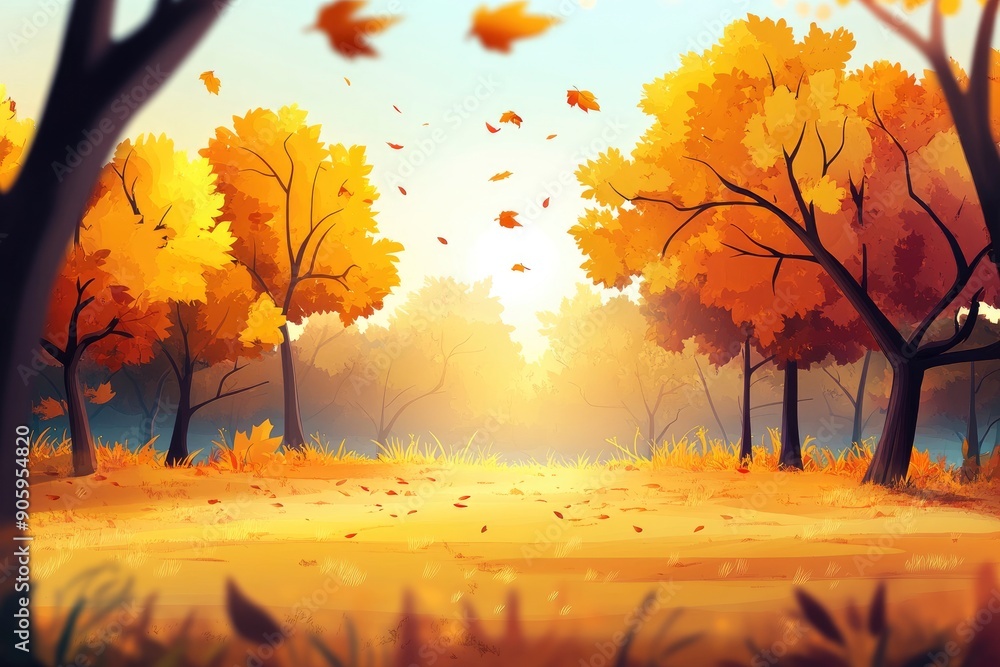 Beautiful autumn landscape with yellow trees and sun. Colorful foliage in the park. Falling leaves natural background, ai Beautiful autumn landscape with yellow trees and sun. Colorful foliage in the park. Falling leaves natural background, ai