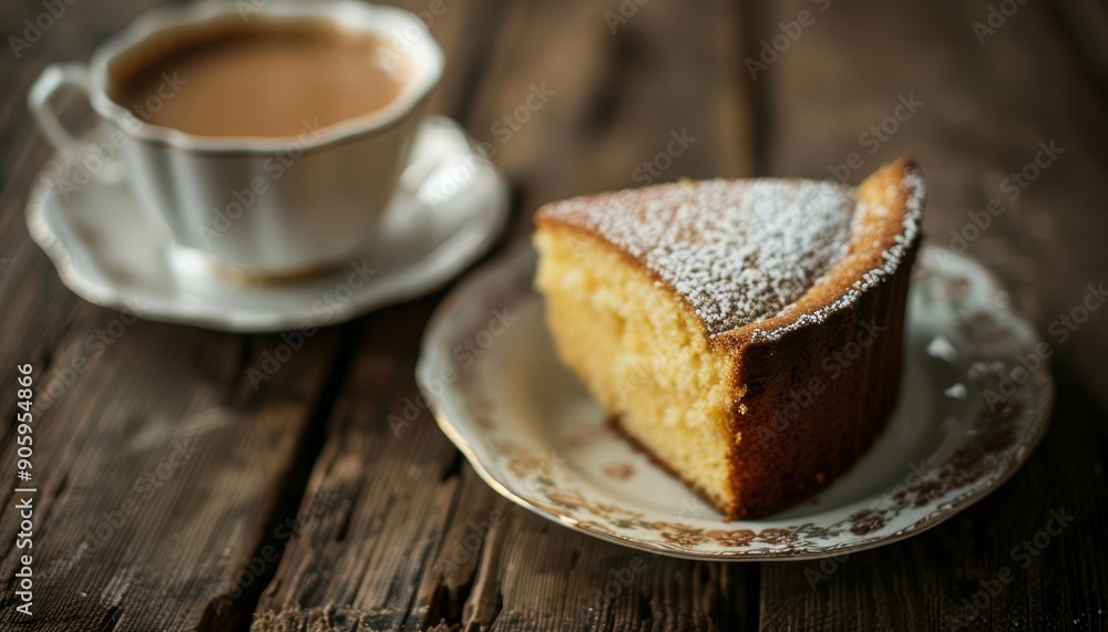 A slice of cake with powdered sugar on a plate with a cup of tea and fork on a rustic wooden table. A slice of cake with powdered sugar on a plate with a cup of tea and fork on a rustic wooden table.
