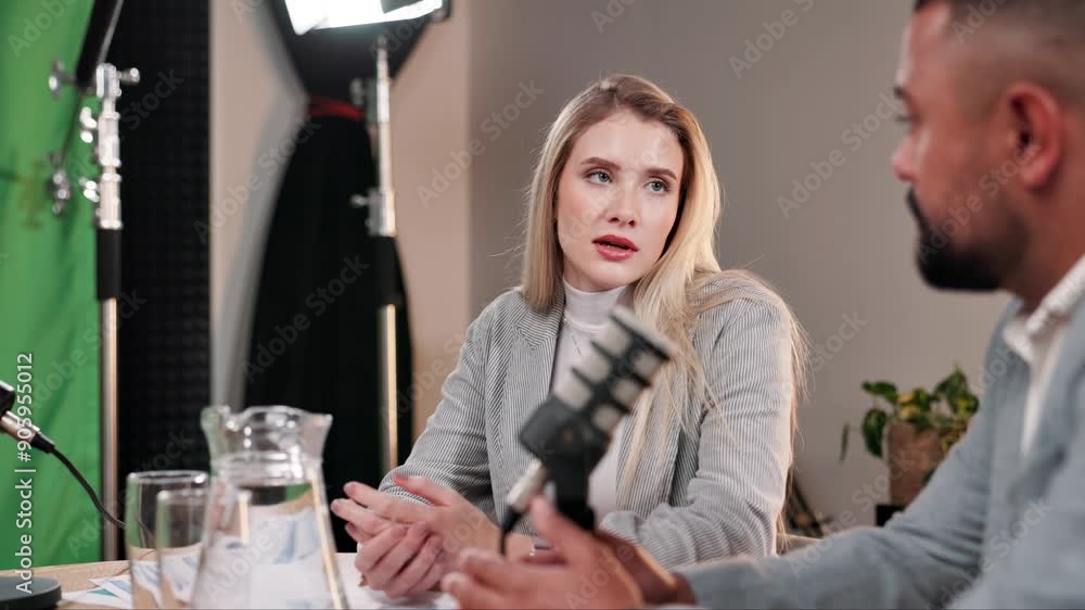 Podcast, host and people with mic in interview for conversation, recording and guest on talk show. Discussion, info and presenter with broadcast for celebrity news, live streaming or content creation Podcast, host and people with mic in interview for conversation, recording and guest on talk show. Discussion, info and presenter with broadcast for celebrity news, live streaming or content creation