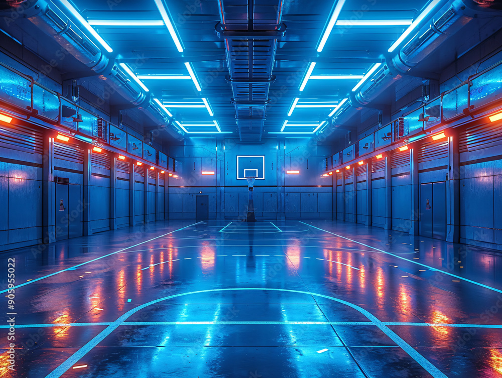 Fototapeta premium a futuristic spacecraft basketball court room with blue lighting and a curved ceiling.